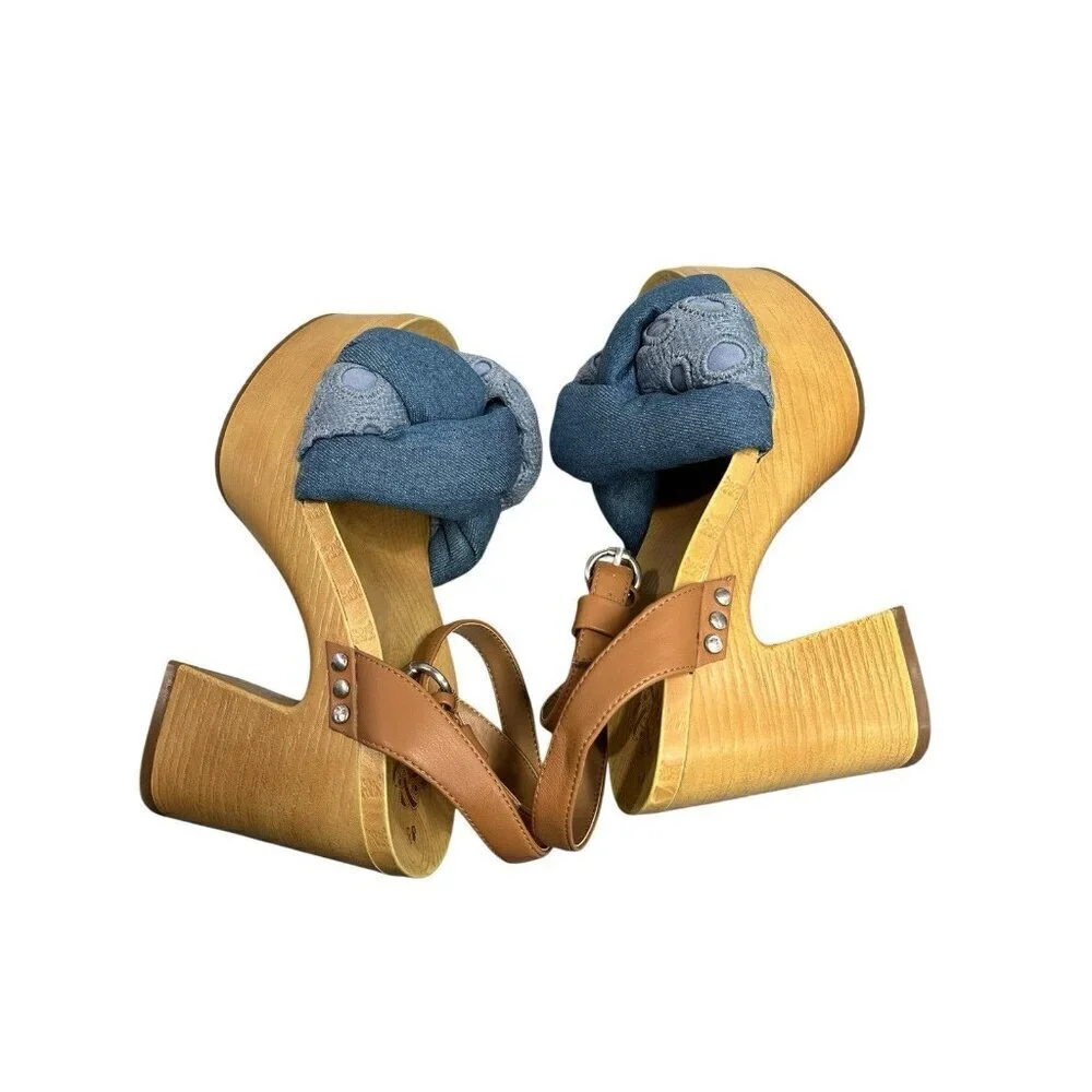 Sam & Libby Cassandra Sandal Indigo Wooden Platform Heel Women's 8.5 Y2K Style